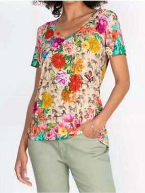 Johnny Was Lace Garden Favorite V-Neck Tee Shirt Floral Horse Print Size XS
